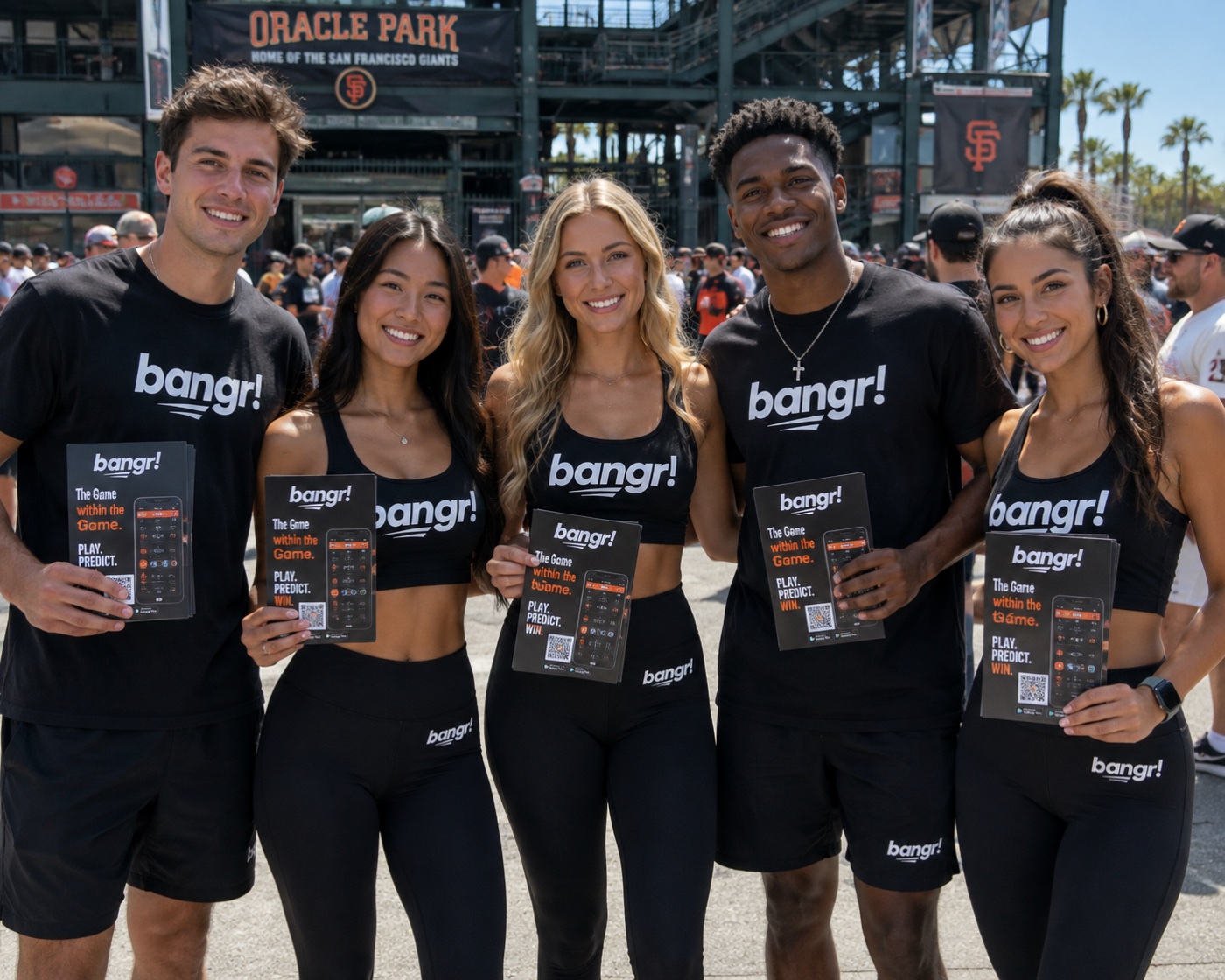 A team of Bangr brand ambassadors in Bangr gear at the stadium on game day