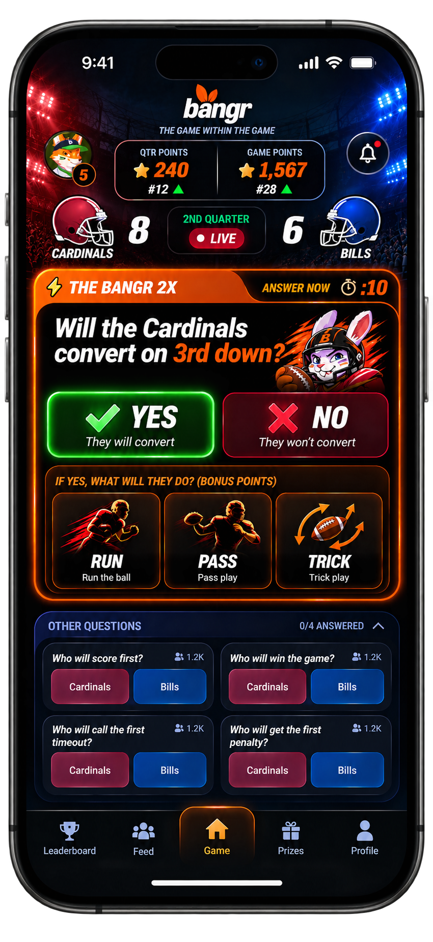Bangr live game screen: call whether the Cardinals convert on 3rd down while the game plays