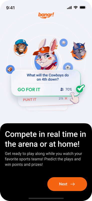 Bangr live game screen: predict whether the Cowboys go for it while the game plays
