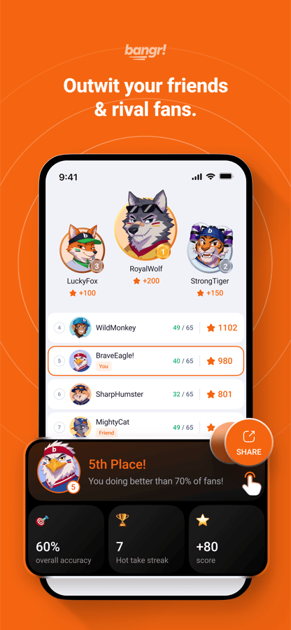 Bangr leaderboard ranking you against friends and rival fans
